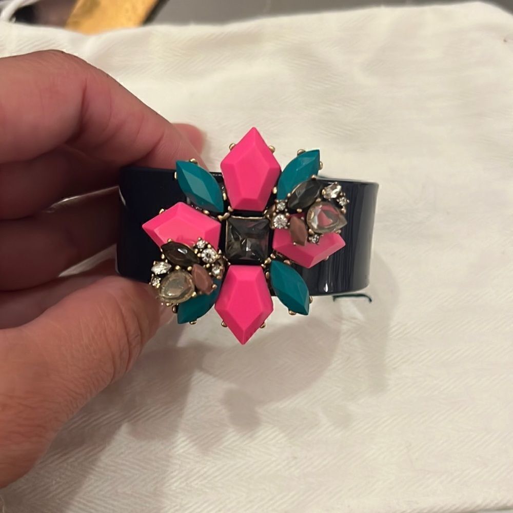J. Crew Black Acrylic Cuff Bracelet Encrusted with Colorful Rhinestones